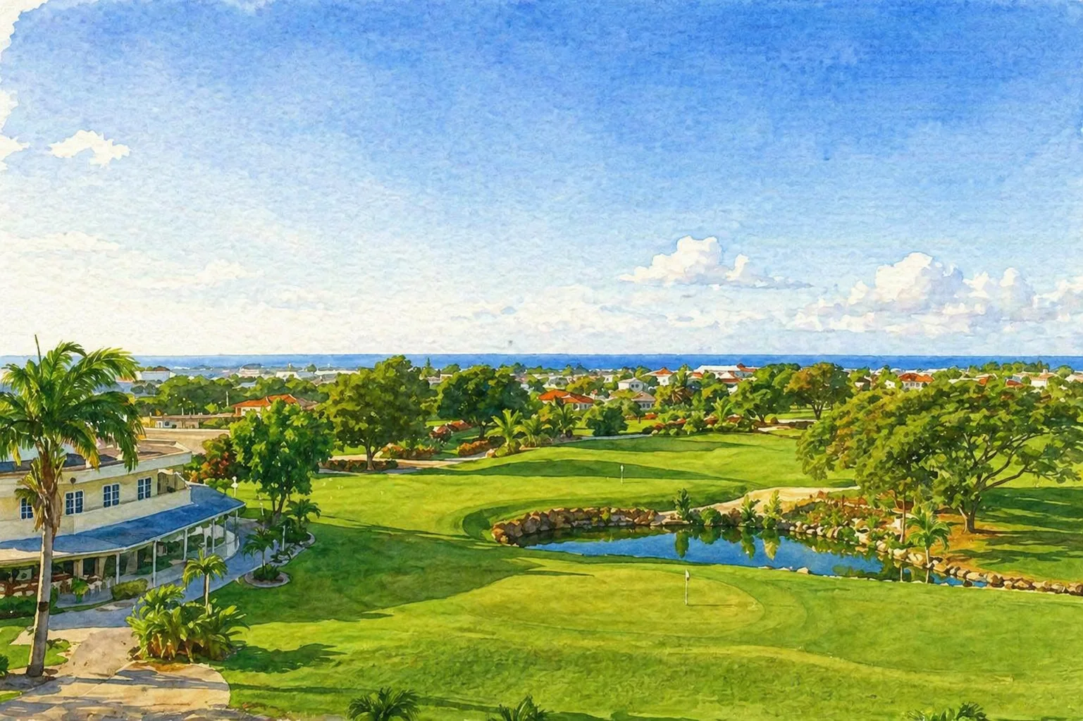 Watercolour painting of a green golf course with a pond and palm trees, with a building overlooking the sea
