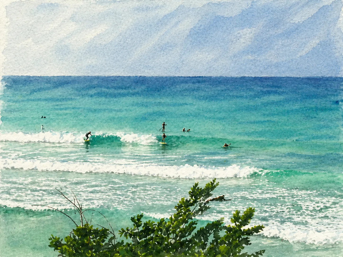 Watercolour painting of turquoise waves breaking on the shore with surfers in the distance