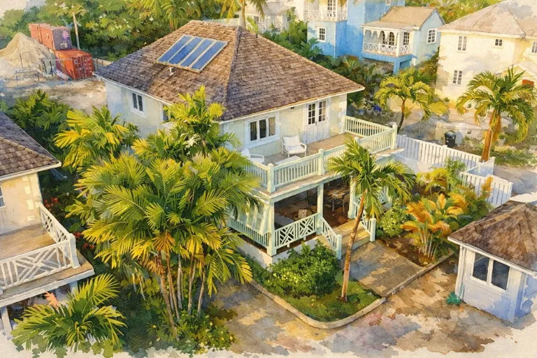 Watercolour illustration of Casa Tortuga seen from above, a white two-storey house surrounded by palm trees