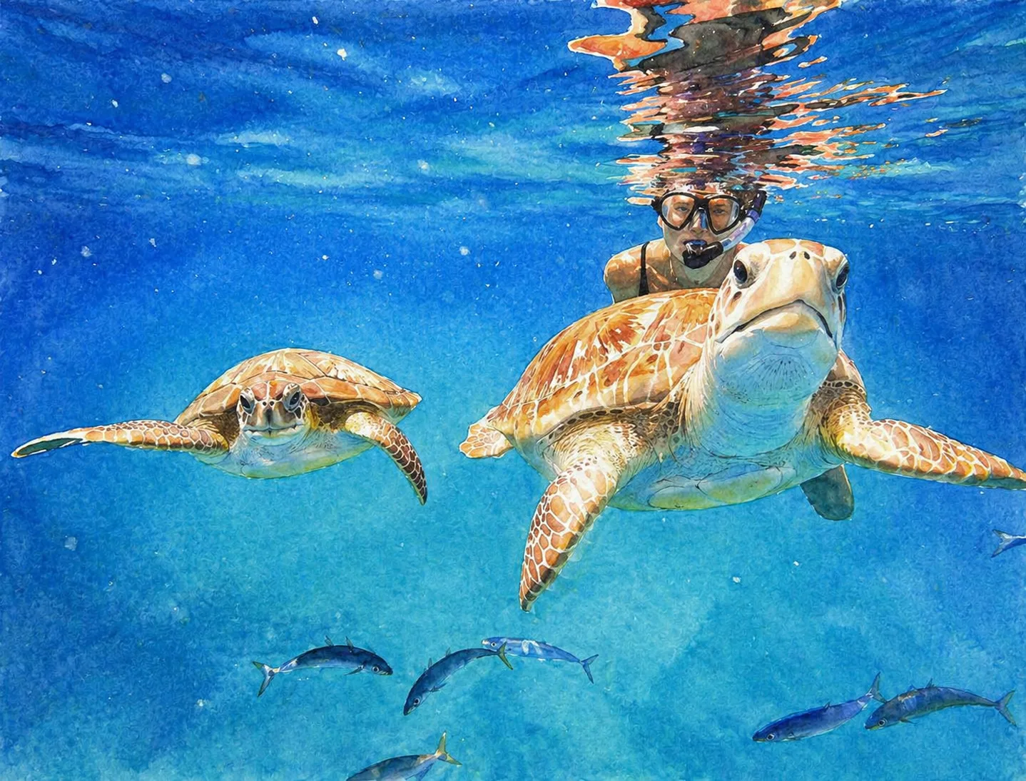 Watercolour painting of two sea turtles swimming underwater with a snorkeller at the surface